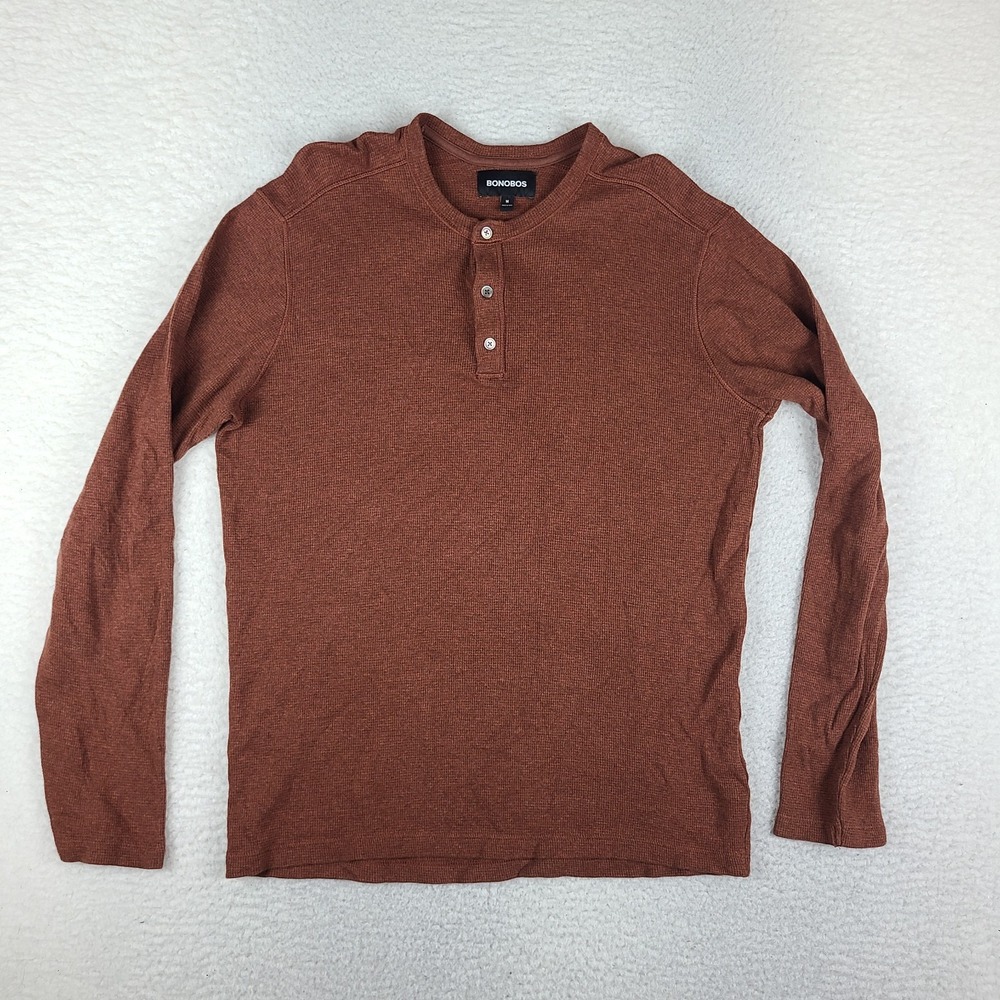 Bonobos Henley Sweatshirt Mens Medium Brick Orange Thermal Cotton Long Sleeve